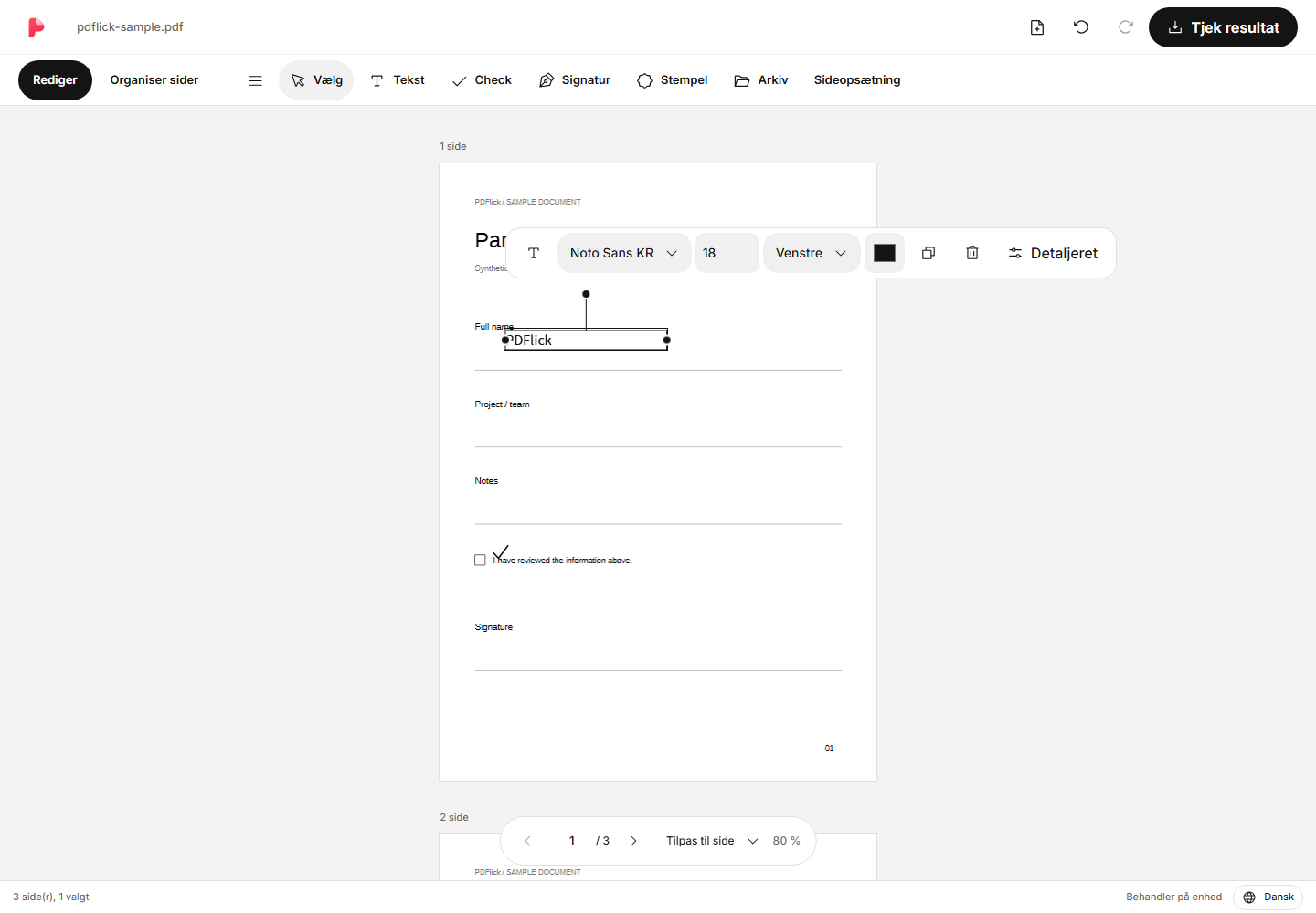 Hvordan man tilføjer tekst og flueben i PDF Redigeringsskærm