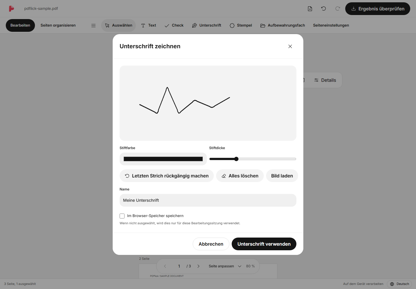 Wie man eine direkt in PDF gezeichnete Unterschrift einfügt Bearbeitungsbildschirm