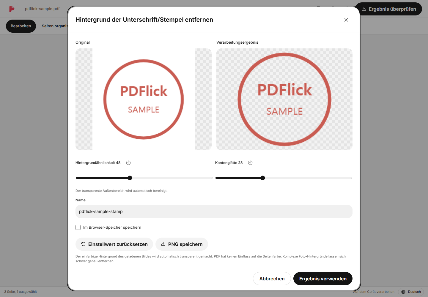 Wie man den weißen Hintergrund eines Stempelbildes entfernt und in PDF einfügt Bearbeitungsbildschirm