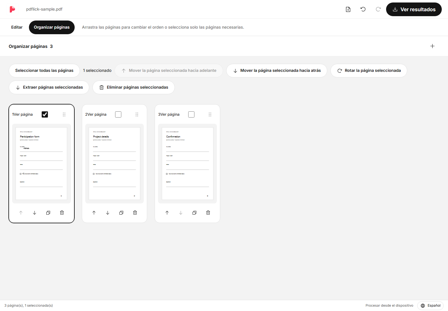 Cómo combinar varios PDF y cambiar el orden de las páginas Pantalla de edición