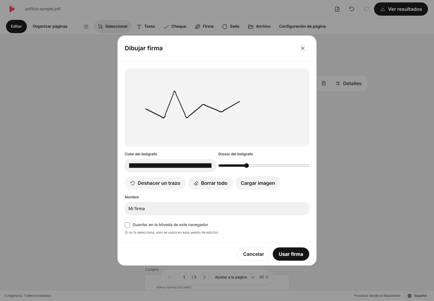 Cómo insertar una firma dibujada directamente en PDF Pantalla de edición