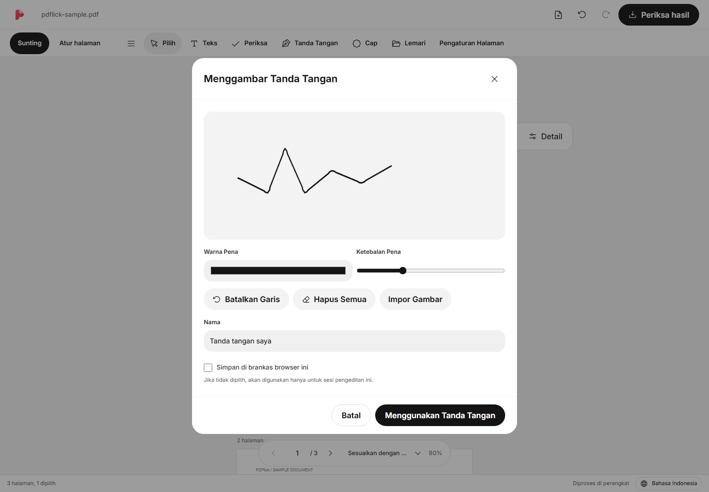 Cara menambahkan tanda tangan yang digambar langsung di PDF layar edit
