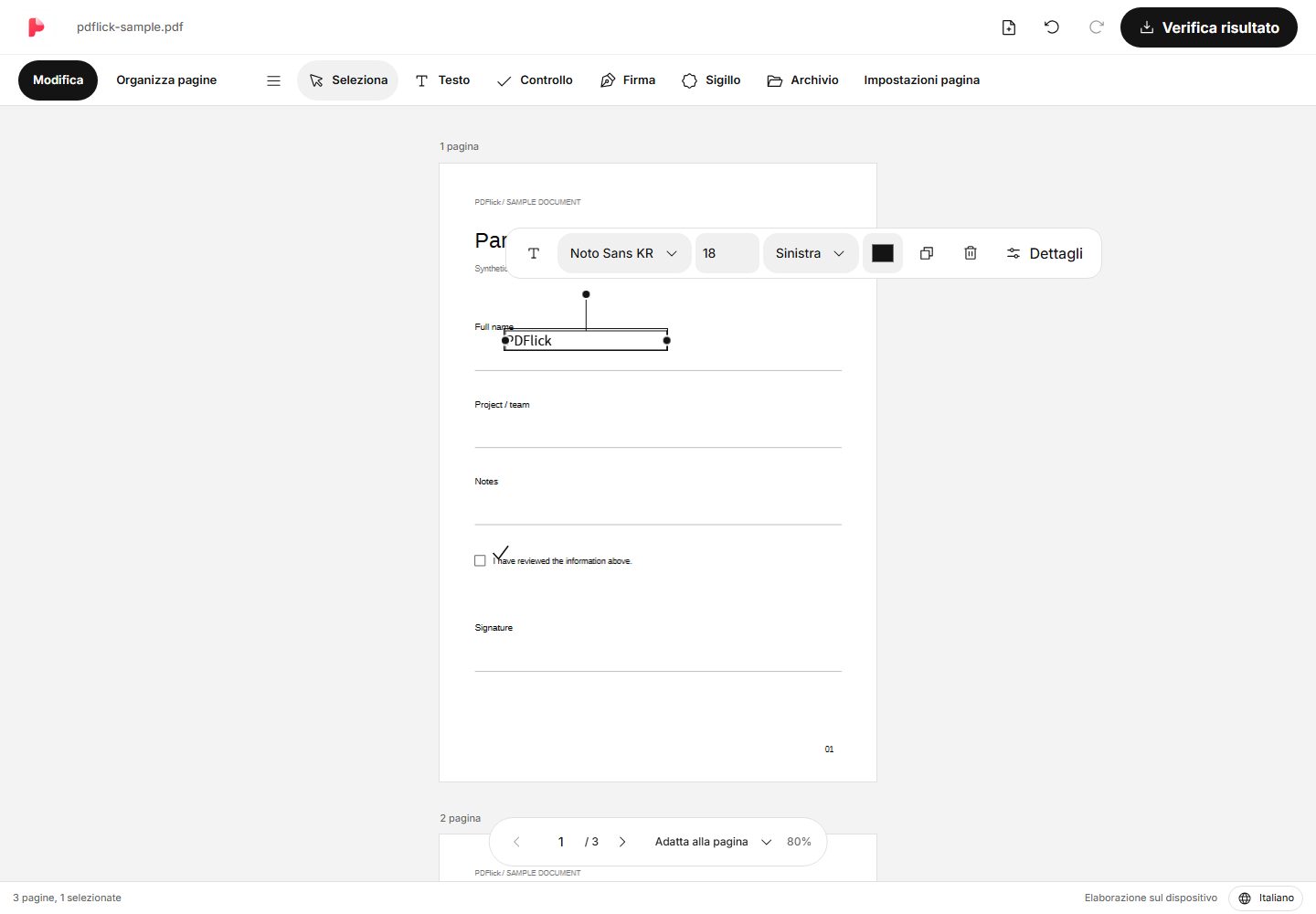 Come aggiungere testo e segni di spunta in PDF Schermata di modifica