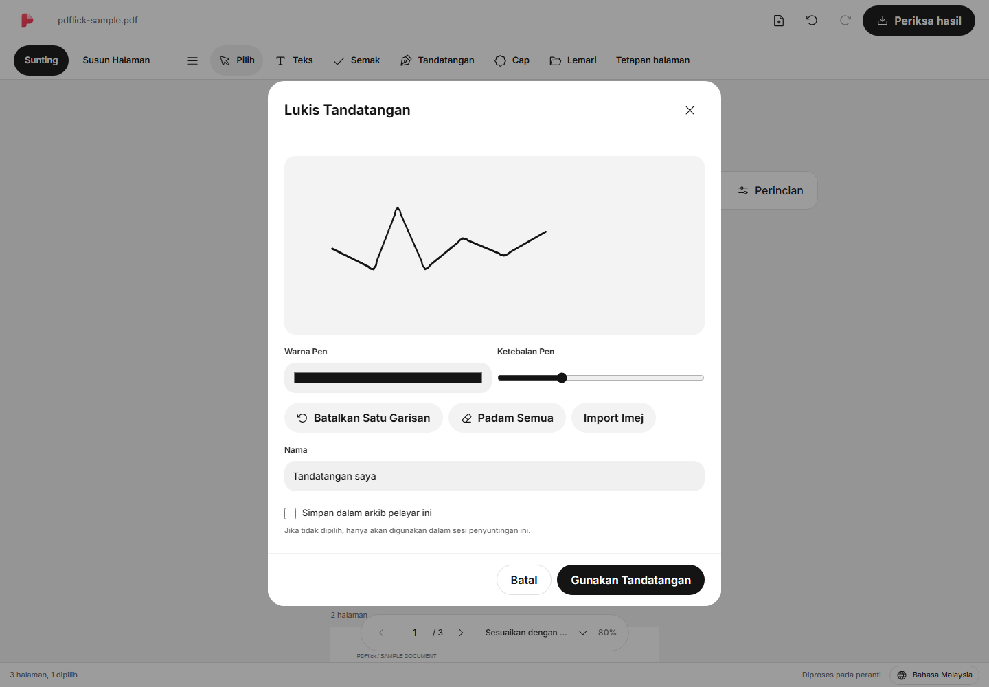Cara meletakkan tandatangan yang dilukis secara langsung di PDF Skrin penyuntingan