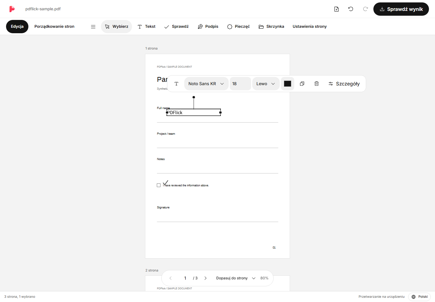 Jak dodać tekst i znacznik wyboru w PDF Ekran edycji