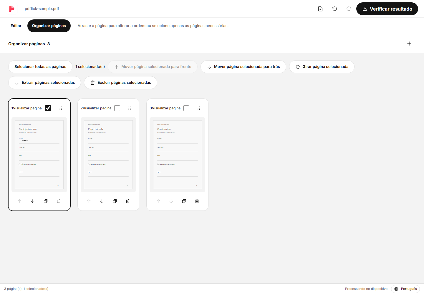 Como combinar vários PDF e alterar a ordem das páginas Tela de edição