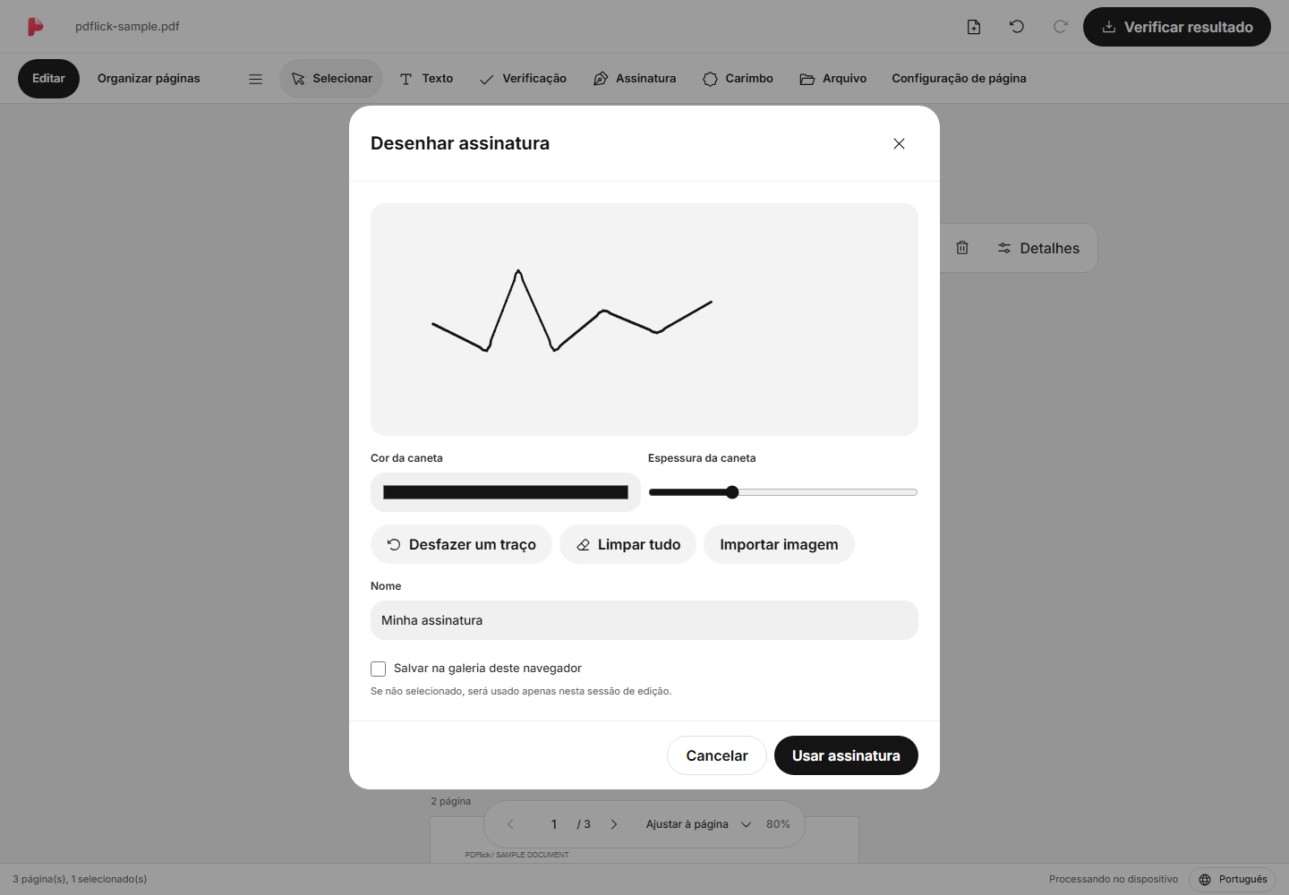 Como colocar uma assinatura desenhada diretamente em PDF Tela de edição