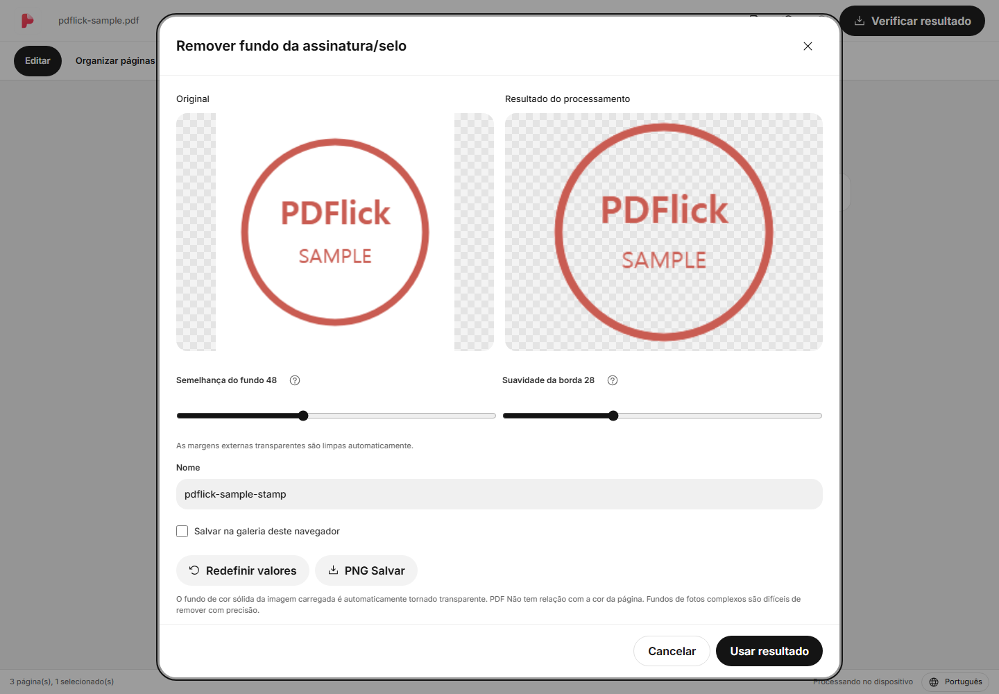Como remover o fundo branco da imagem do carimbo e colocar em PDF Tela de edição
