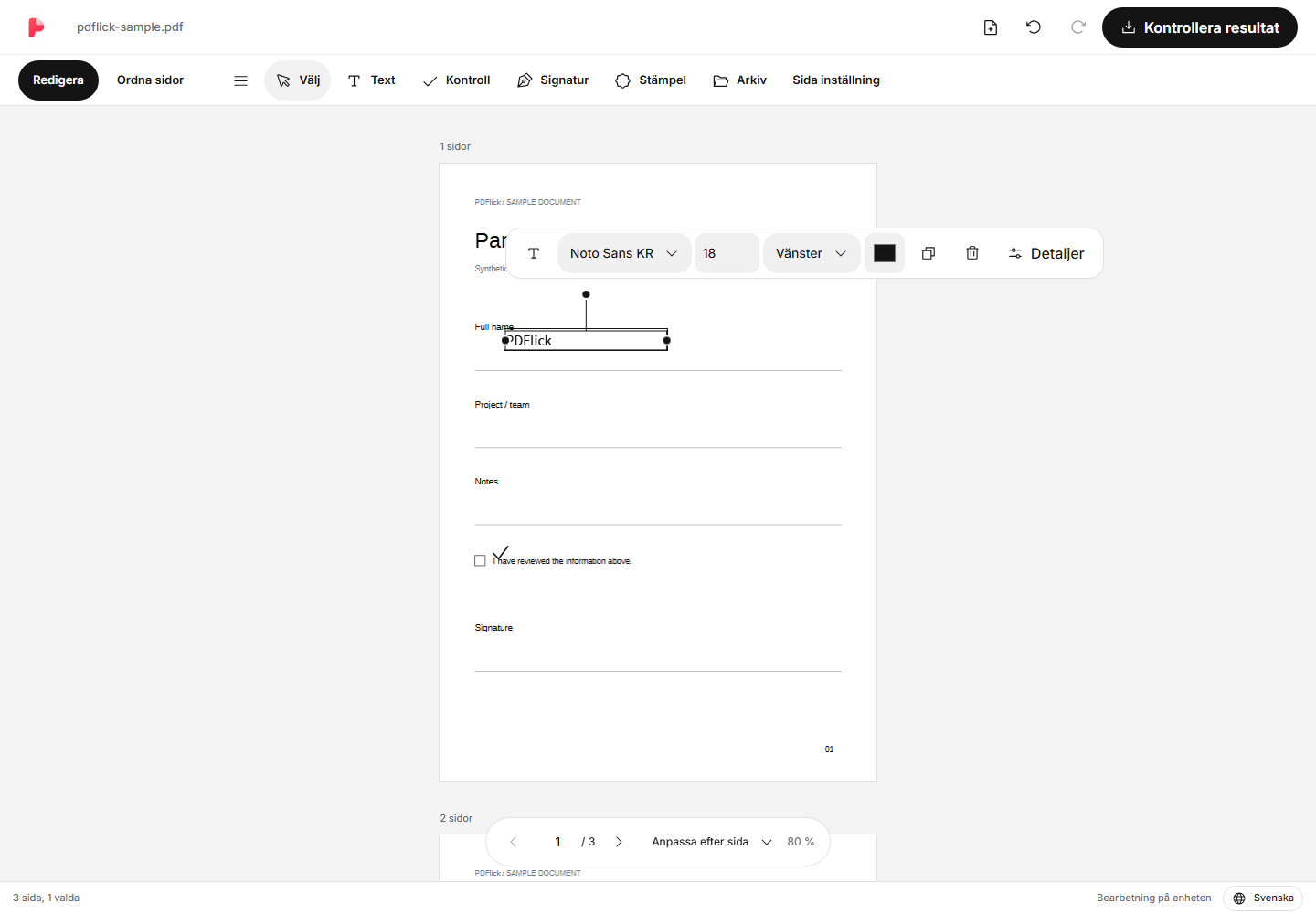 Hur man lägger till text och kryss i PDF Redigeringsskärm