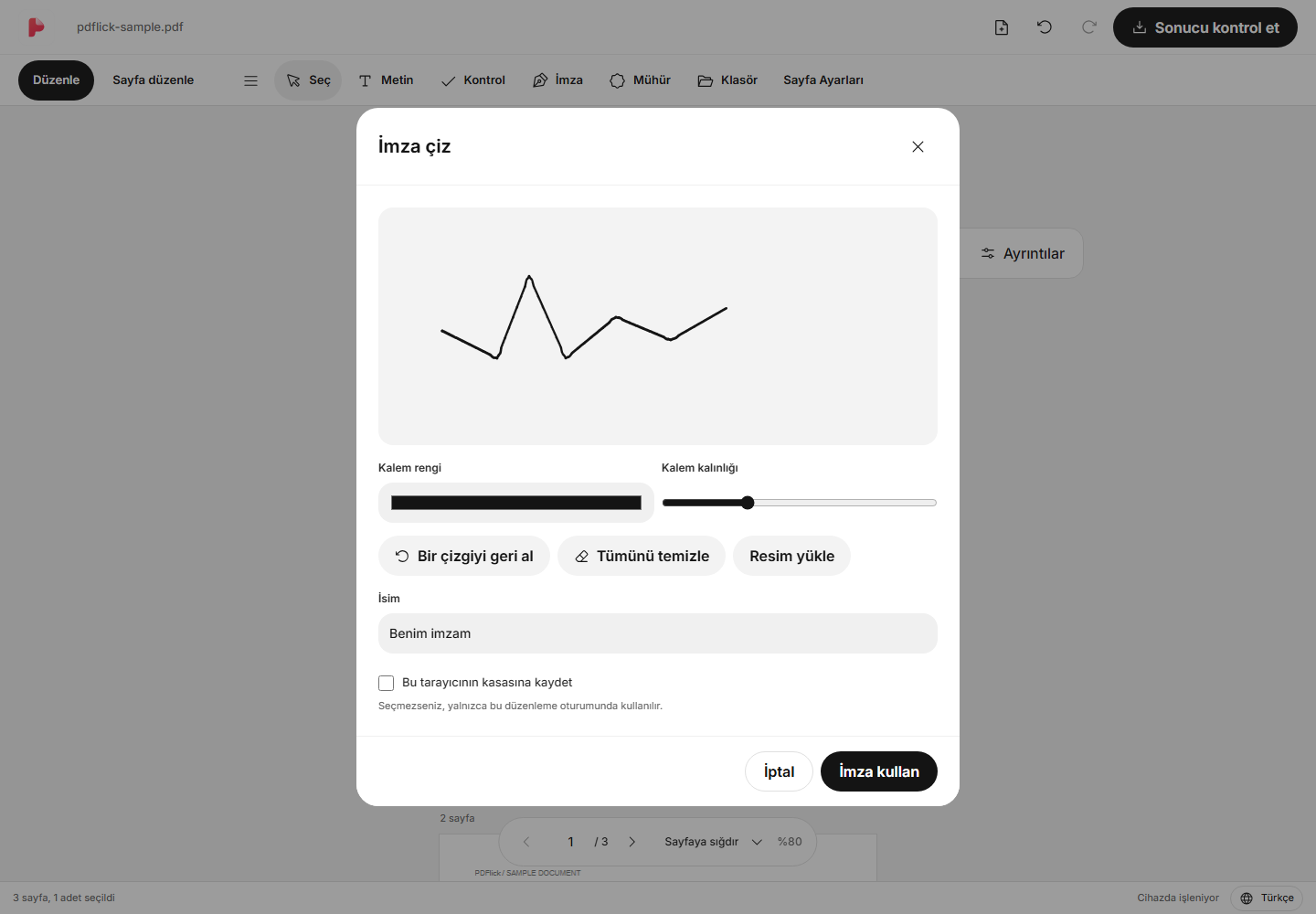 PDF'a doğrudan imza ekleme yöntemi Düzenleme ekranı