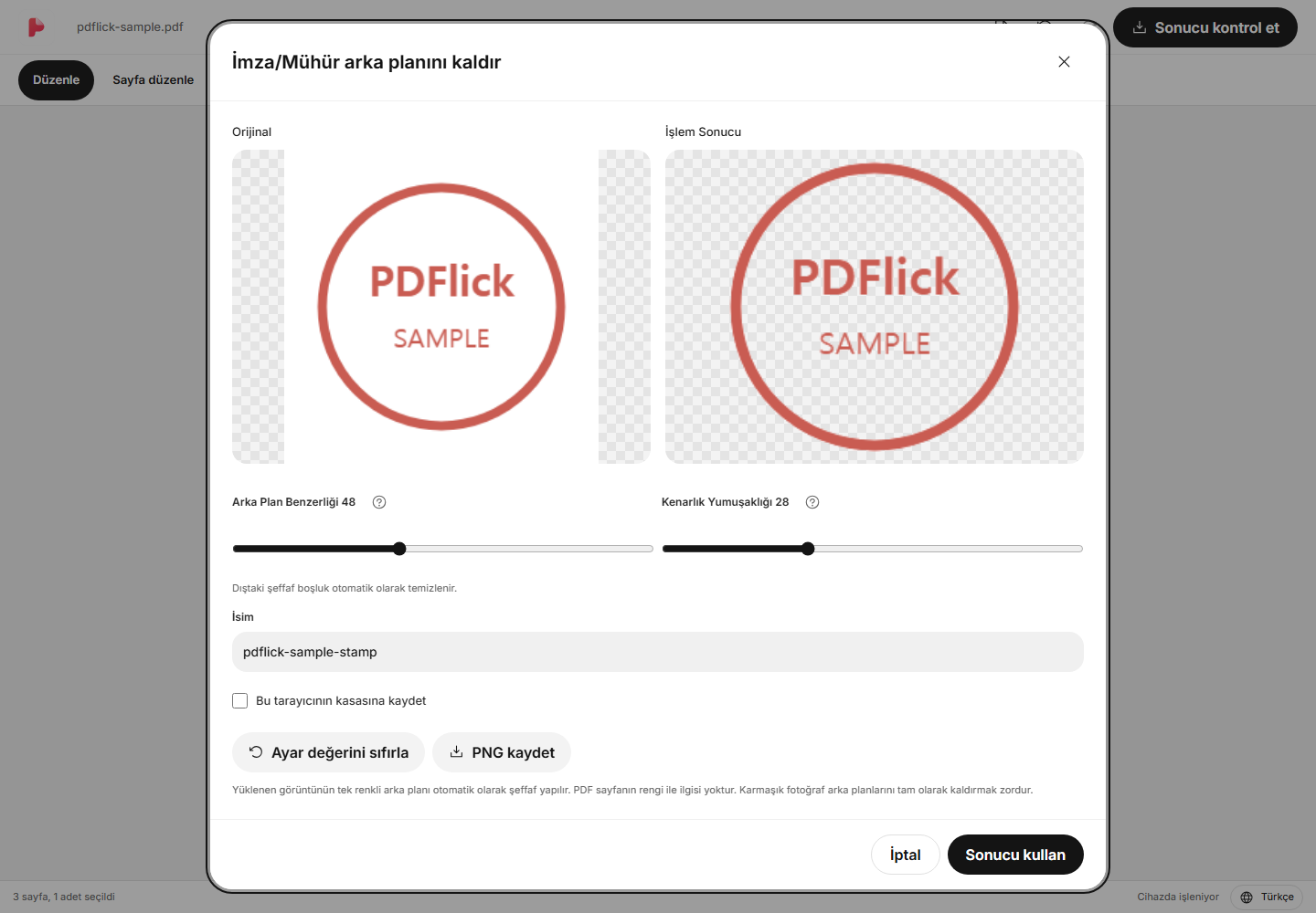 Mühür resminin beyaz arka planını kaldırıp PDF'a ekleme yöntemi Düzenleme ekranı