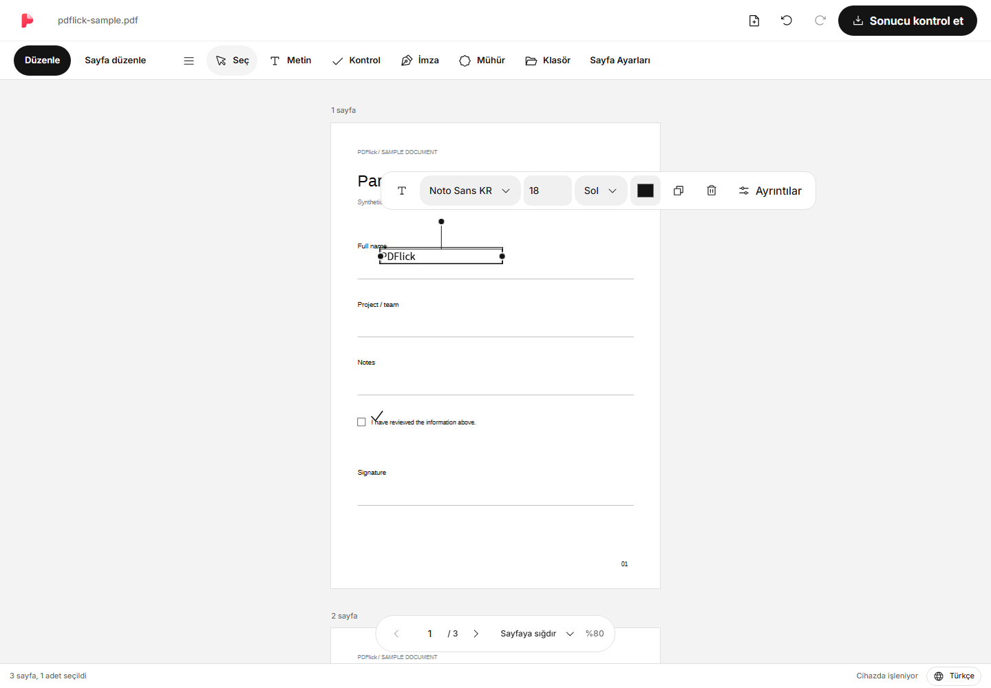 PDF’a metin ve onay işareti ekleme yöntemi Düzenleme ekranı